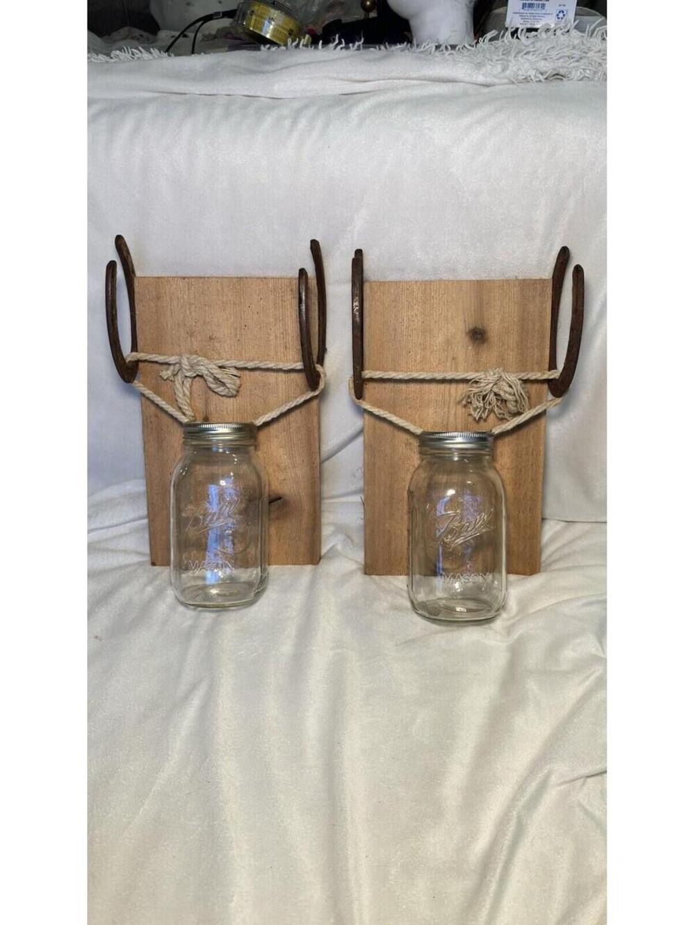 Pair Of Horse Shoe Mason Jar Wall Sconce’s